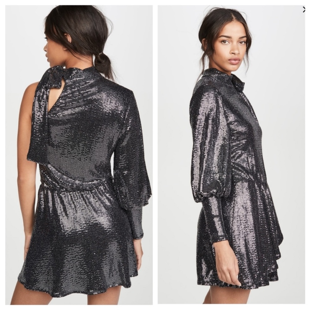 Black Halo Darby Disco Sequin One Shoulder Tie Collar Dress Size 8 (worn once)